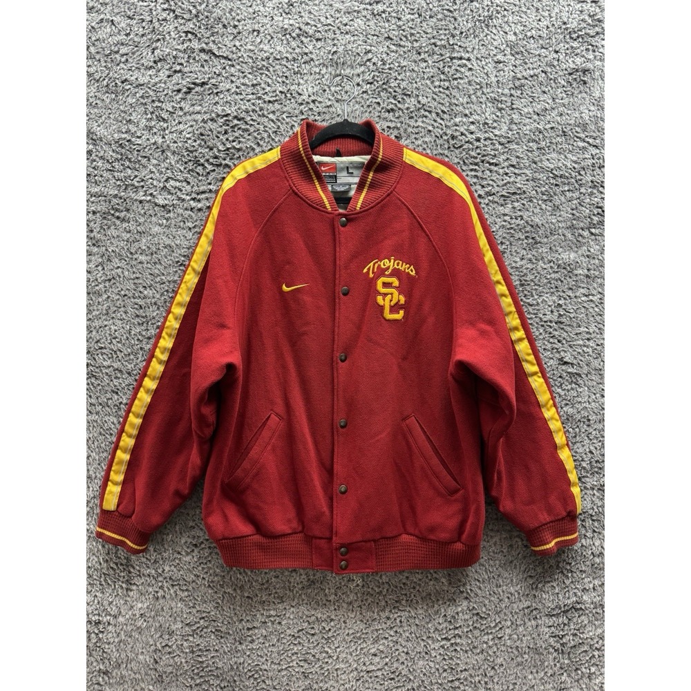 USC Trojans Nike Wool Letterman Jacket Mens L‎ Red Embroidered Snap Up Varsity